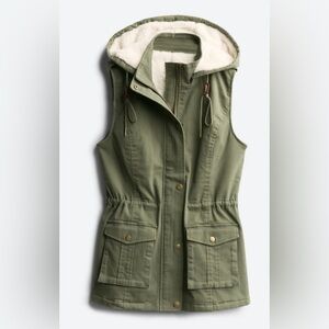 Women’s Sherpa-Lined Vest with Detachable Hood; Size L; Olive Green